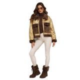 LaraLisa Collection Kürk Yakalı Parlak Nubuk Kumaş Kadın Kısa Mont Altın Standart