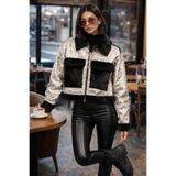 LaraLisa Collection Kürk Yakalı Parlak Nubuk Kumaş Kadın Kısa Mont Gri Standart