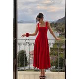 Laranor Kadın Kırmızı Füsun Modeli Kare Yaka Gül Aksesuar Detaylı Şık Maxi Boy Kloş Elbise 25L8250