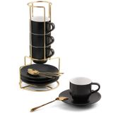 Lareina 4 oz Espresso Bardakları, Tabaklar, Kaşıklar ve Metal Stand, Küçük İstiflenebilir Kahve Fincanları 4'lü Set, Nespresso Lungo için Seramik Demitasse Bardakları, Çift Espresso, Siyah