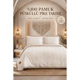 Larispera %100 Pamuk Çift Kişilik Püsküllü Pike Yatak Örtüsü Seti Waffle Dokulu Bordürlü +2 Adet Yastık Kılıfı - Krem