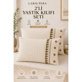 Larispera %100 Pamuk Örgü Pike 2 Adet Yastık Kılıfı Premium Dokuma Düğmeli Püsküllü Tasarım Krem