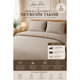 Larispera Battal Boy Düğmeli Pamuklu Ranforce Çizgili Nevresim Takımı King Size Duvet CoverSet Kahverengi