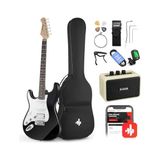 Larskas Thunder Solak Elektro Gitar Seti Acemi Tam Boy Siyah 39 Inç Lefty Starter Paketi Tüm Aksesuarları Amplifikatör Capo Askı Dize Tuner Kablosu ve Seçtikleri DST-100BL
