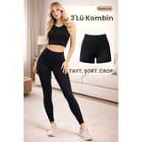 Lasirius Kadın 3 Parça Spor Takım, Siyah, Tayt, Biker Şort, Crop, Yüksek Bel, Toparlayıcı, Dalgıç Kumaş