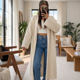 Lasirius Kadın Şardonlu Uzun Oversize Triko Hırka, Şal Yaka, Rahat 120 Cm, Kışlık Yünlü Standart Beden - Bej