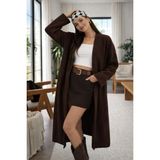 Lasirius Kadın Şardonlu Uzun Oversize Triko Hırka, Şal Yaka, Rahat 120 Cm, Kışlık Yünlü Standart Beden - Kahve
