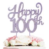 LASKYER Mutlu 100. Doğum Günü Süslemeleri, 100. Doğum Günü Mor Yapay Elmas Pasta Süsü - 100 Yaşında Doğum Günü Partisi Metal Parlak Pasta Centerpieces İşareti.