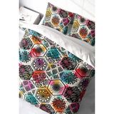 Lastikli Çarşaflı Pamuk Saten Çift Kişilik Patchwork Tiles Nevresim Takımı - Renkli - Standart