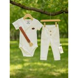 L'atelier Midumi Bebek, Unisex, Kısa Kollu Kruvaze Yaka Body, Cepli, Düğme Detaylı Pantolon ve Emzik Askılı 3'lü Set - 0 - 3 Ay - Ekru