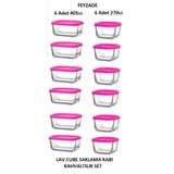LAV FEYZADE CUBE Kahvaltılık Saklama Kabı Seti PEMBE KAPAKLI (6 Adet 405cc - 6 Adet 270cc)