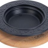 Lava 18 cm Siyah Döküm Oval Döner Sos Tabağı Kayın Servis Ahşabı