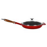 Lava cookware dökme demir emaye kızartma tavası cam kapaklı ve ahşap sap, yuvarlak, 28 cm, kırmızı