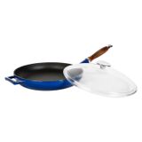 Lava cookware dökme demir emaye kızartma tavası cam kapaklı ve ahşap sap, yuvarlak, 28 cm, Mavi