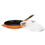 Lava cookware dökme demir emaye kızartma tavası cam kapaklı ve ahşap sap, yuvarlak, 28 cm, turuncu