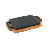Lava Döküm 22x15 CM Dikdörtgen Çift Yön Izgara ve Düz Yüzey Hot Plate Kayın Servis Ahşabı