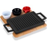 Lava Döküm Dikdörtgen Çift Yön Izgara ve Düz Yüzey Hot Plate Kayın Servis Ahşabı Ölçü 22x15cm. (Sos kapları dahil değildir.) - 22 x 16 cm - Siyah