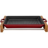 Lava Döküm Dikdörtgen Izgara Tavası Kayın Servis Ahşabı Döküm Demir Yekpare Çift Kulplu Ölçü 26X32CM.-BORDO