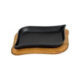 Lava Döküm Dikdörtgen Servis Tabağı Ve Ahşap Altlığı. Ölçü 13x19cm. Siyah