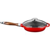 Lava Döküm Kızartma Tavası Ahşap Kulplu Cam Kapaklı ÇAP(Ø)28CM Kırmızı