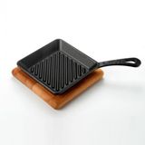 Lava Döküm Mini Kare Izgara Tava Kayın Ahşap Altlıklı Döküm Demir Yekpare Saplı Ölçü 16x16cm.