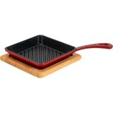 Lava Döküm Mini Kare Izgara Tava Kayın Ahşap Altlıklı Döküm Demir Yekpare Saplı Ölçü 16X16cm.-Bordo