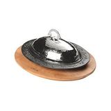 Lava Döküm Oval Döner, Kebap Tabağı Kayın Servis Ahşabı Ve Bakır Dövme Formlu Kapak Ölçü 28x20cm. Siyah