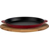 Lava Döküm Oval Fajita Tabağı Döküm Demir Yekpare Çift Kulplu Kayın Servis Ahşabı Ölçü 18X24cm.-Bordo
