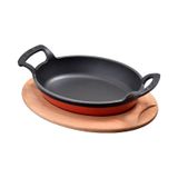 Lava Döküm Oval Sahan Döküm Demir Yekpare Çift Kulplu Kayın Servis Ahşabı Ölçü 19x14cm. - Kırmızı