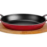 Lava Döküm Oval Sahan Döküm Demir Yekpare Çift Kulplu Kayın Servis Ahşabı Ölçü 27X20Cm Kırmızı