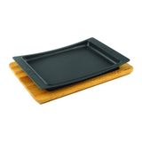 Lava Döküm Servis Tabağı 36 x 24 cm Ahşap Altlıklı - Siyah
