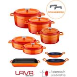 Lava Döküm Tencere Tava Seti Turuncu 28 cm Ebatlar Emaye Kaplama ile Şık Tasarım Hediyeli - 28 cm, 28 cm, 24 cm, 24 cm, 20 cm, 26*40 cm, 16cm, 20 cm
