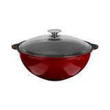Lava Döküm Yuvarlak Cam Kapaklı Özbek Kazanı / Tencere. Döküm Demir Yekpare Kulplu Çap(Ø)28 Cm.-Bordo