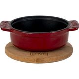 Lava Döküm Yuvarlak Güveç Kabı Döküm Demir Yekpare Çift Kulplu Kayın Servis Ahşabı ÇAP(Ø)11CM.-BORDO - 11 cm