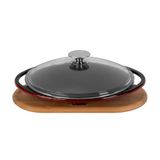 Lava Yuvarlak Saç Kavurma Tavası Döküm Demir Yekpare Çift Kulplu Cam Kapaklı Kayın Servis Ahşabı Çap(Ø)28cm.