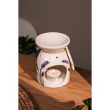 Lavanta Desenli Seramik El Yapımı Buhurdanlık | Mumluk | Dekoratif (1 Adet Tealight Mum Ile) - Beyaz
