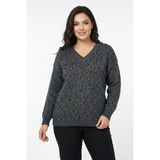 Lavella Kadın V Yaka Leopar Desen Sakallı Triko Kazak BGL-ST05079 - Füme - M - L