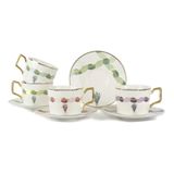 Lavender Temalı Porselen Çay Fincan ve Tabak Seti, 200cc, 2'li, Altın Detaylı, Renkli Desen