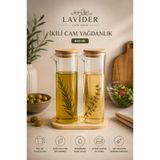 Lavider Natura 2'li Cam Yağdanlık Seti | Bambu Kapaklı Yağlık, Sirkelik ve Zeytinyağı Şişesi 400 ML