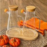 Lavin 2’li Borosilikat Cam Yağdanlık & Sirkelik Seti – Vakum Kapaklı, 900 Ml, Bambu Stantlı | Masterchef Stil Mutfak Sunumu - Şeffaf