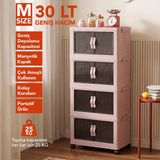 Lavine ”medıum” 4 Katlı Portatif Dolap Organizer 30LT Çok Amaçlı Mıknatıs Kapaklı, Katlanır, Tekerlekli - Pudra Pembe
