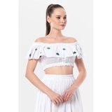 Lavinya Vual Lastik Detaylı Nakışlı Yazlık Crop Bluz Beyaz Byz S/M Beyaz