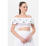 Lavinya Vual Lastik Detaylı Nakışlı Yazlık Crop Bluz Beyaz Byz