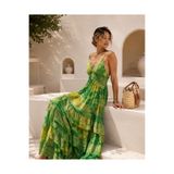 laviyonsa İpek uzun batik desenli fırfırlı uzun gipeli elbise STD 34-38