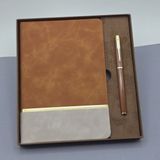 Lavly Toptan Kutulu Altın Şeritli Deri Defter ve Kahverengi Metal Roller Kalem Set