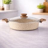 LAVONNI Diez 24 Cm Granit Basık Tencere Cappucıno Yapışmaz Karnıyarık & Pilav Tenceresi Cam Kapaklı