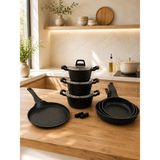 Lavonni Obsidyen Complete Set 10 Parça Döküm Granit Tencere, Tava ve Krep Tava Seti 16-18-20 cm Derin Tencere 20-24-28 cm Tava 28 cm Krep Tava Cappuccino