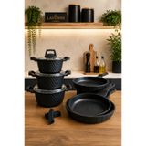 LAVONNI Obsidyen Prestige Plus Set 9 Parça Döküm Granit Tencere ve Tava Seti 16-18-20 cm Derin Tencere 20-24-28 cm Tava Siyah Yapışmaz Yüzey