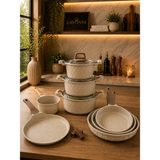LAVONNI Obsidyen Supreme Set 12 Parça Döküm Granit Tencere, Tava, Krep Tava ve Sosluk Seti 16-18-20 cm Derin Tencere 20-24-28 cm Tava 26 cm Krep Tava 14 cm Sosluk Cappuccino