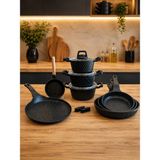 Lavonni Obsidyen Supreme Set 12 Parça Döküm Granit Tencere, Tava, Krep Tava ve Sosluk Seti 16-18-20 cm Derin Tencere 20-24-28 cm Tava 26 cm Krep Tava 14 cm Sosluk Siyah